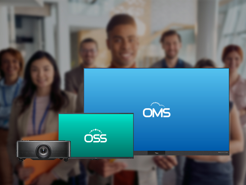 Optoma's software solutions and hardware front and centre. In the background a faded image of people smiling. 