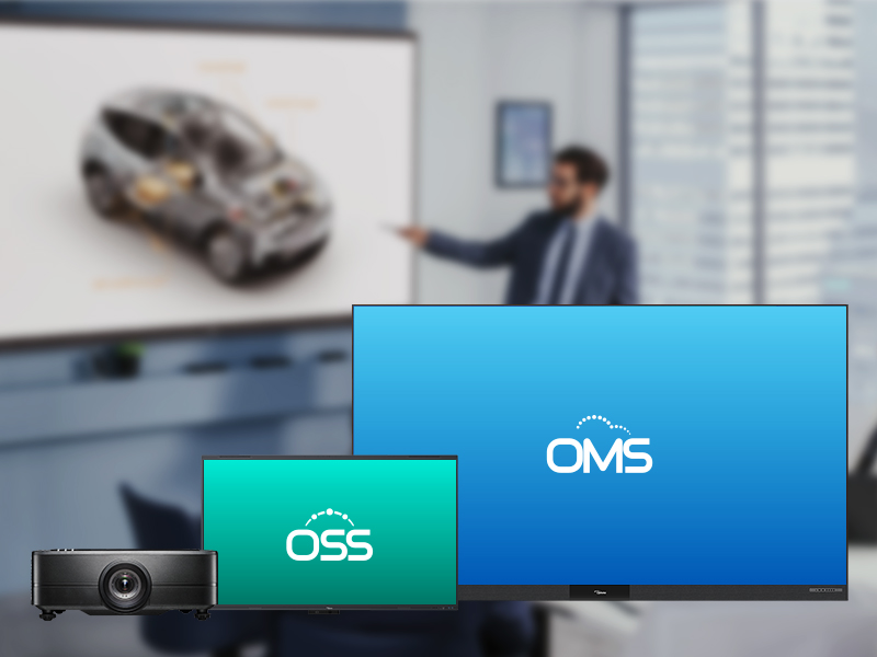 Business presentation setup with projector and OMS software solution displays in modern conference room