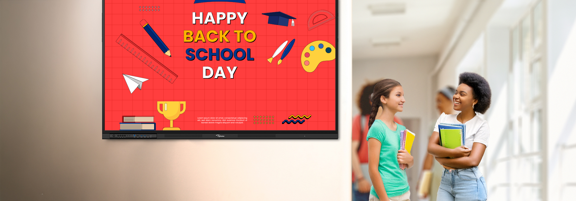 Happy Back to School Day poster with two female students talking in school hallway