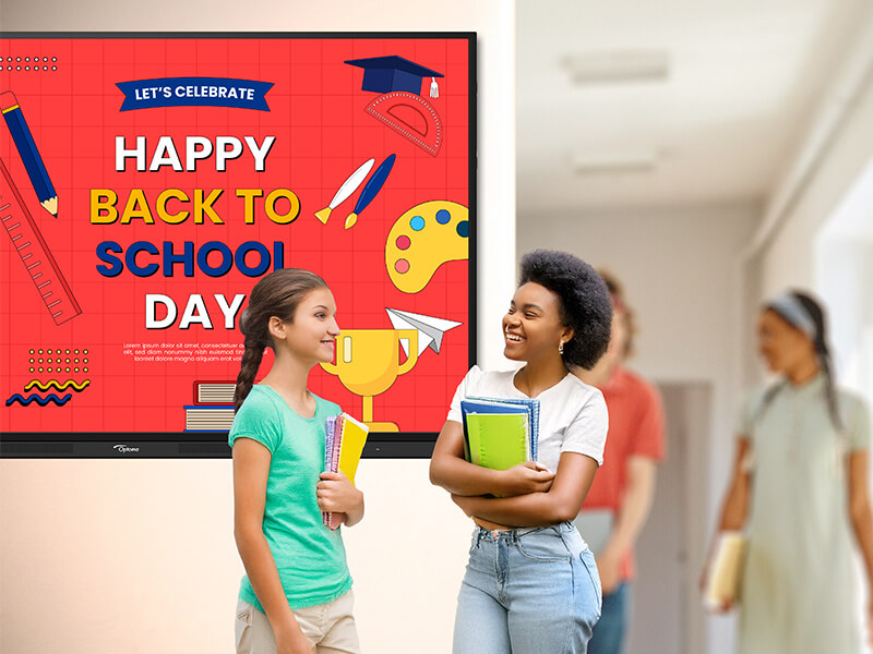 Happy Back to School Day poster with two female students talking in school hallway