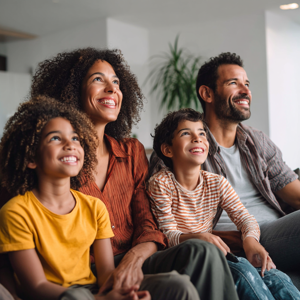 Family watching a movie in their living room