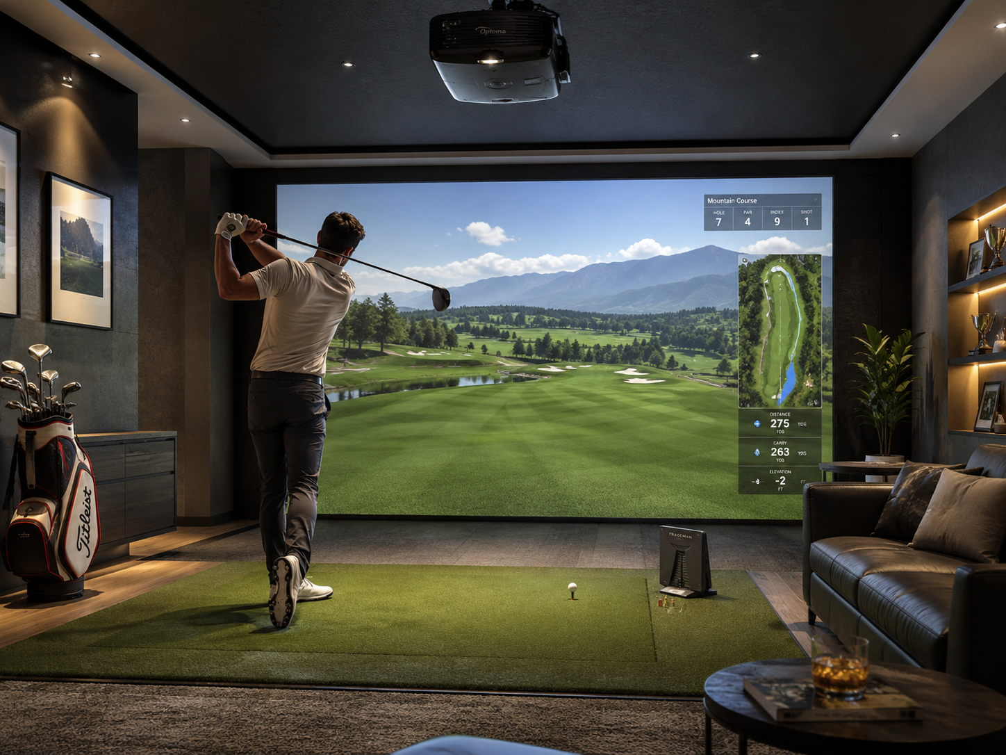 Indoor golf simulator setup with Optoma projector
