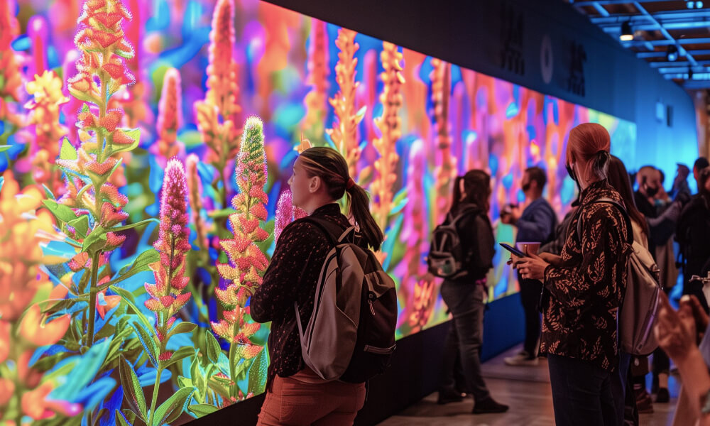 A dark room with people looking at a colourful LED screen. On the screen is an image of barley which are highlighted in multi colour. 
