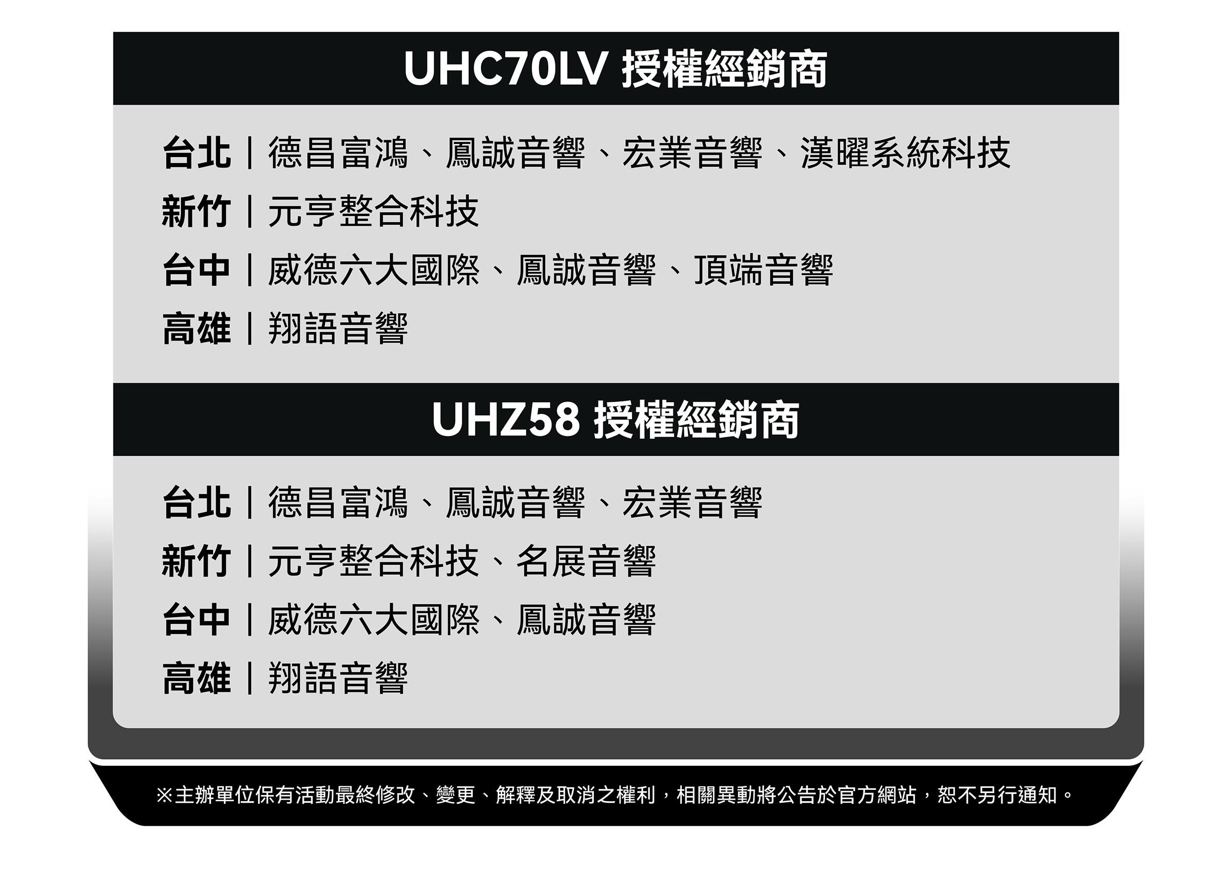 【UHC70LV授權經銷商】台北｜德昌富鴻、鳳誠音響、宏業音響，新竹｜元亨整合科技，台中｜威德六大國際、鳳誠音響、頂端音響，高雄｜翔語音響【UHZ58授權經銷商】台北｜德昌富鴻、鳳誠音響、宏業音響，新竹｜元亨整合科技、名展音響，台中｜威德六大國際、鳳誠音響，高雄｜翔語音響