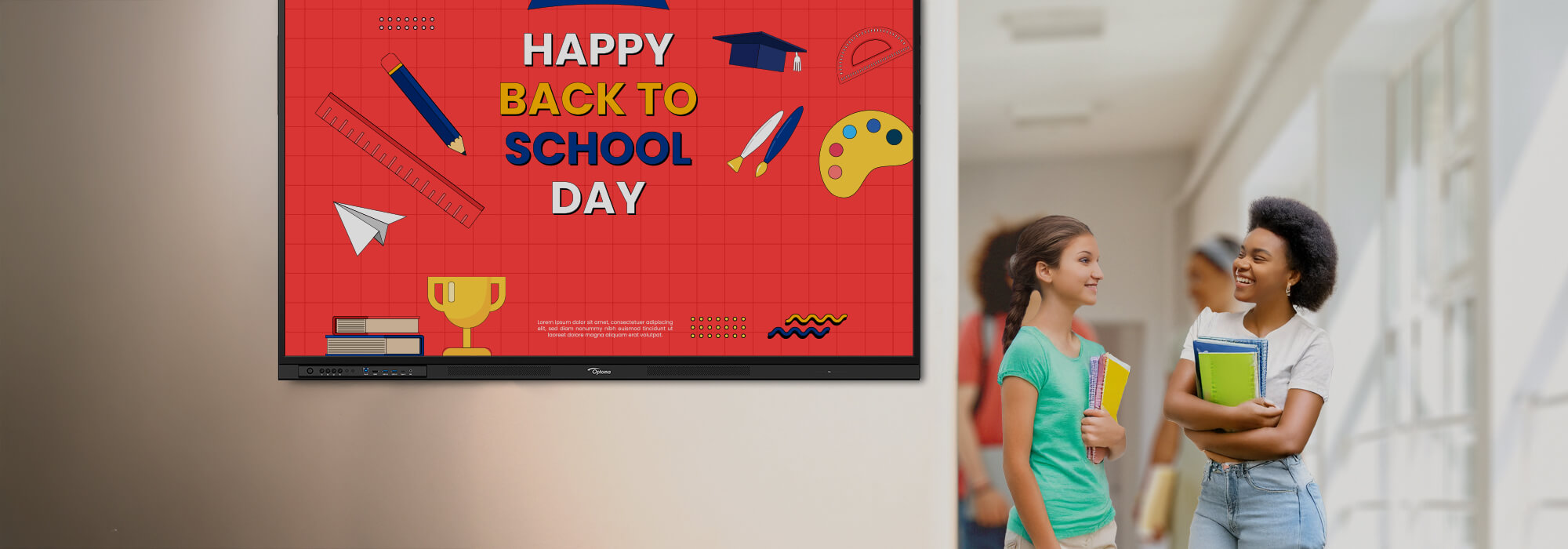 Back to school promotional poster display in educational institution hallway with diverse female students carrying textbooks and school supplies
