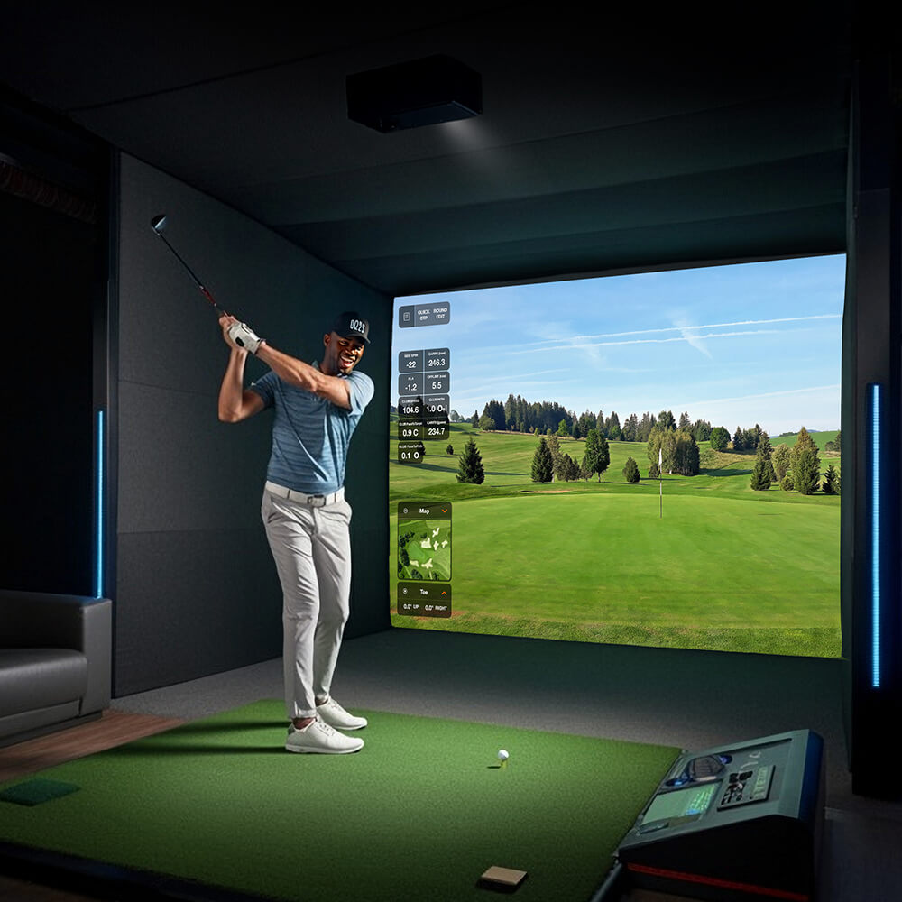 Golf simulator technology showing realistic course on large display screen