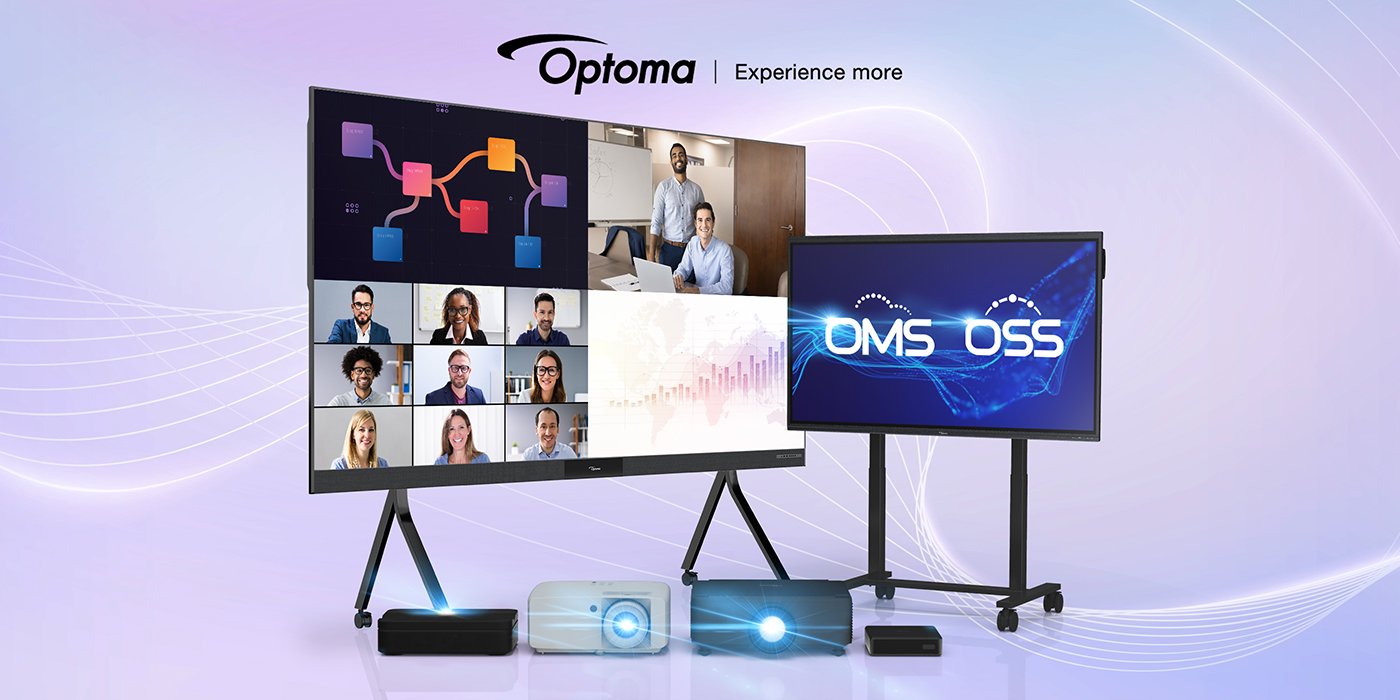 Optoma visual display solutions including interactive flat panels, projectors, and collaboration software (OMS and OSS) designed for business, education, and hybrid meeting environments.