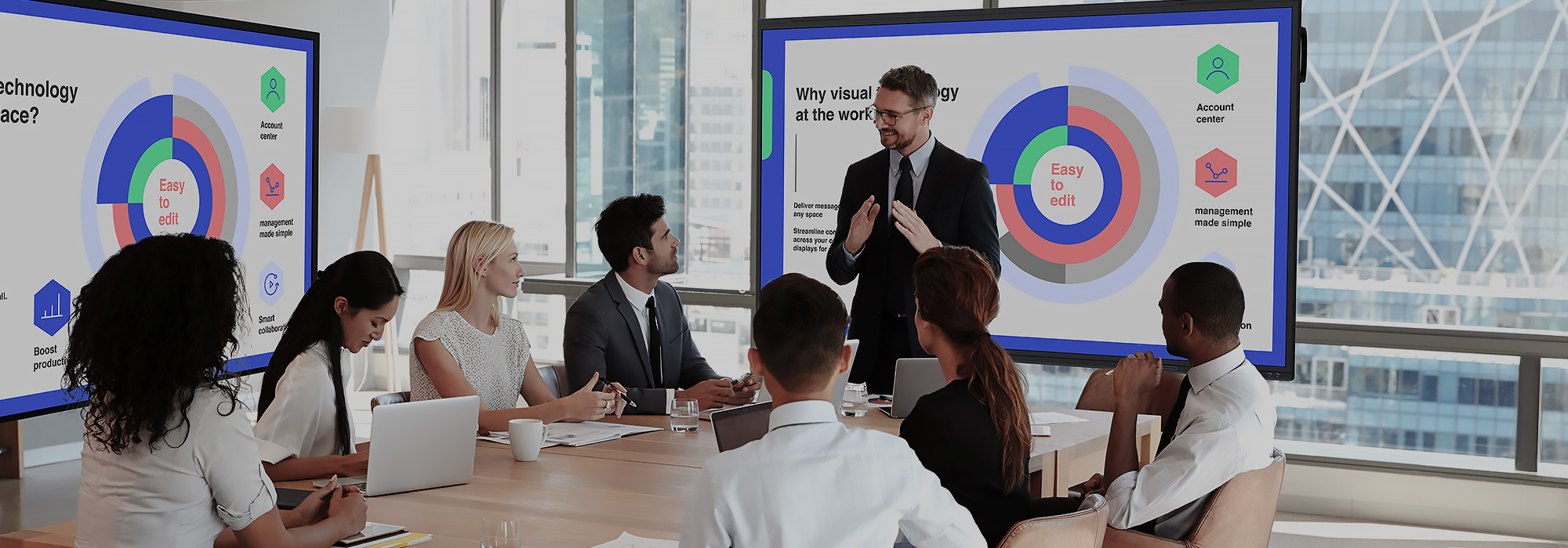 Business presentation in modern conference room with team using interactive digital displays showcasing data visualization and workplace strategy – visual collaboration tools for corporate meetings and productivity enhancement.