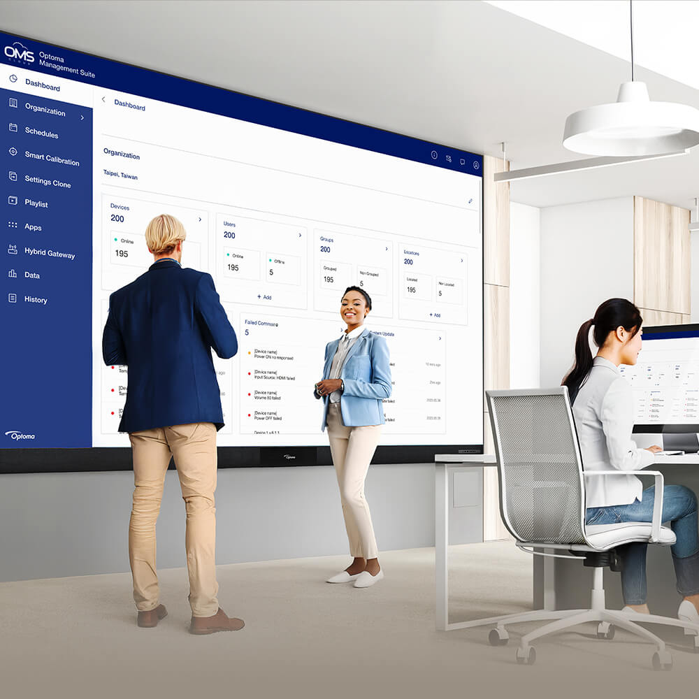 Modern office collaboration featuring wall-mounted interactive displays and digital workflow management systems. Smart board technology enables team brainstorming, project planning, and real-time data sharing in contemporary workspace environments. Ideal for agile team meetings, strategic planning sessions, and collaborative business intelligence applications.