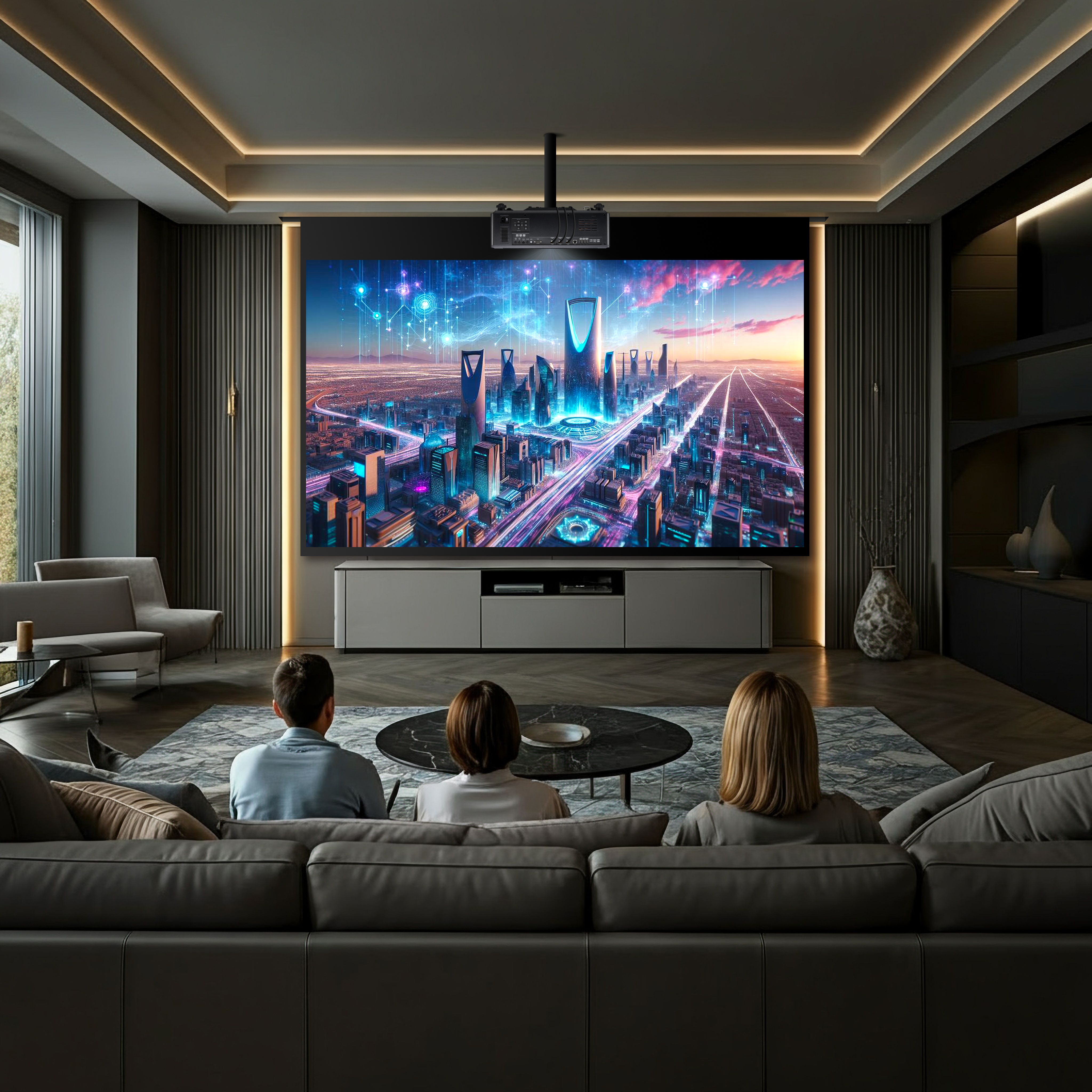 Home entertainment projector in living room