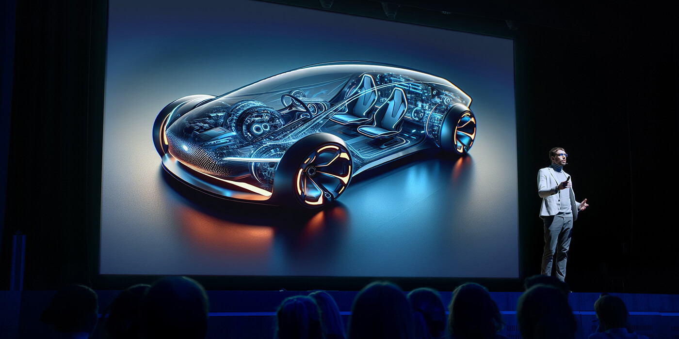 Futuristic electric car concept with transparent body, smart tech, and glowing wheels unveiled at innovation conference.