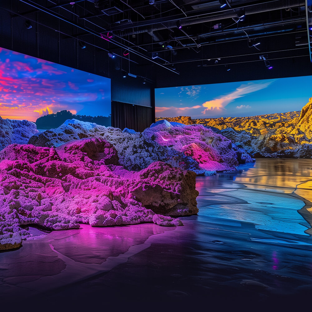 Immersive environment showcasing a glowing, textured landscape lit in vibrant pink, blue, and gold tones. This interactive exhibit features a panoramic digital canvas that surrounds the space with ultra-realistic scenery, blending physical terrain with dynamic visuals through advanced projection mapping. A stunning fusion of digital art and sensory design, the installation invites viewers into a fully interactive and visually captivating experience.