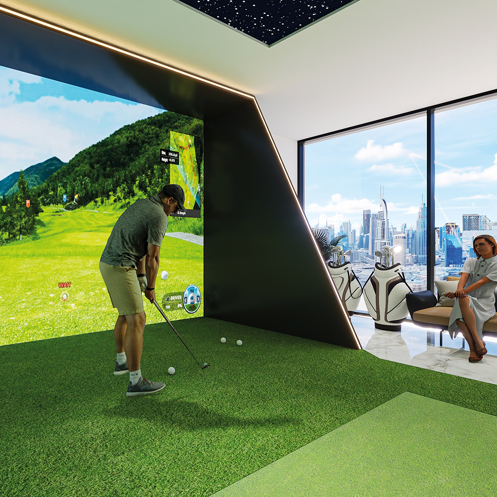 Room with man playing immersive golf and people watching