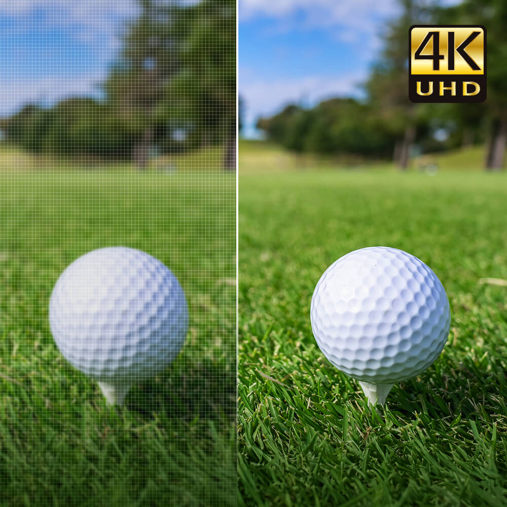 White golf ball on tee with green fairway and trees in background
