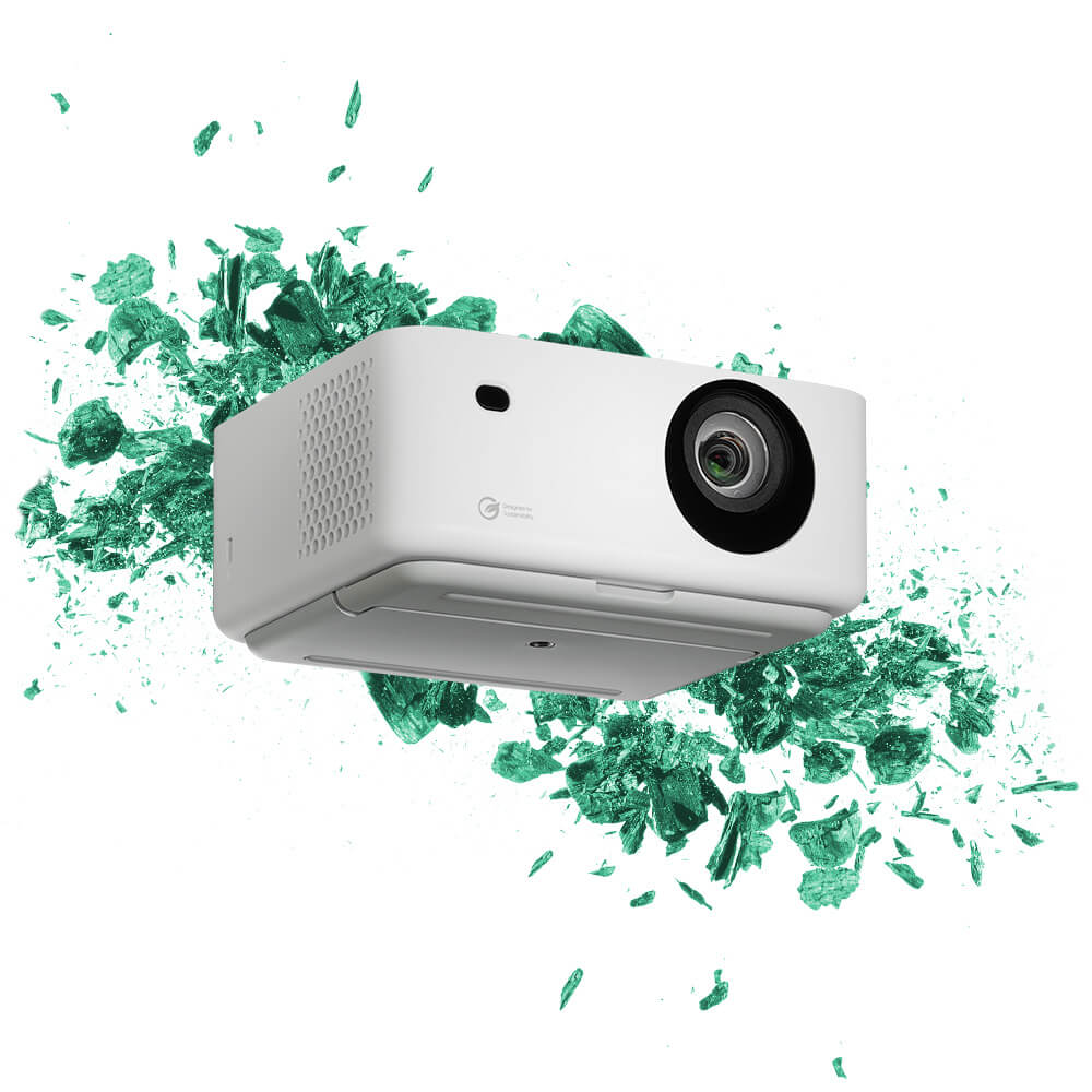 An Optoma white projector with a splash of green background highlighting the products sustainability and eco-friendly build. 