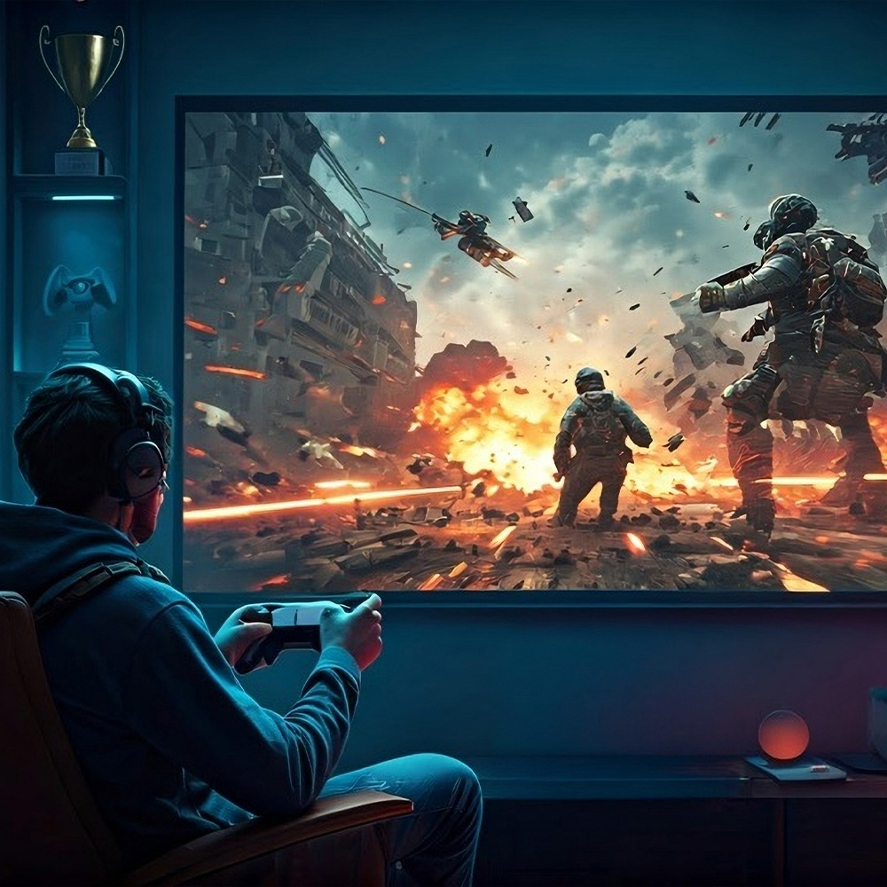 a couple gaming in their living room