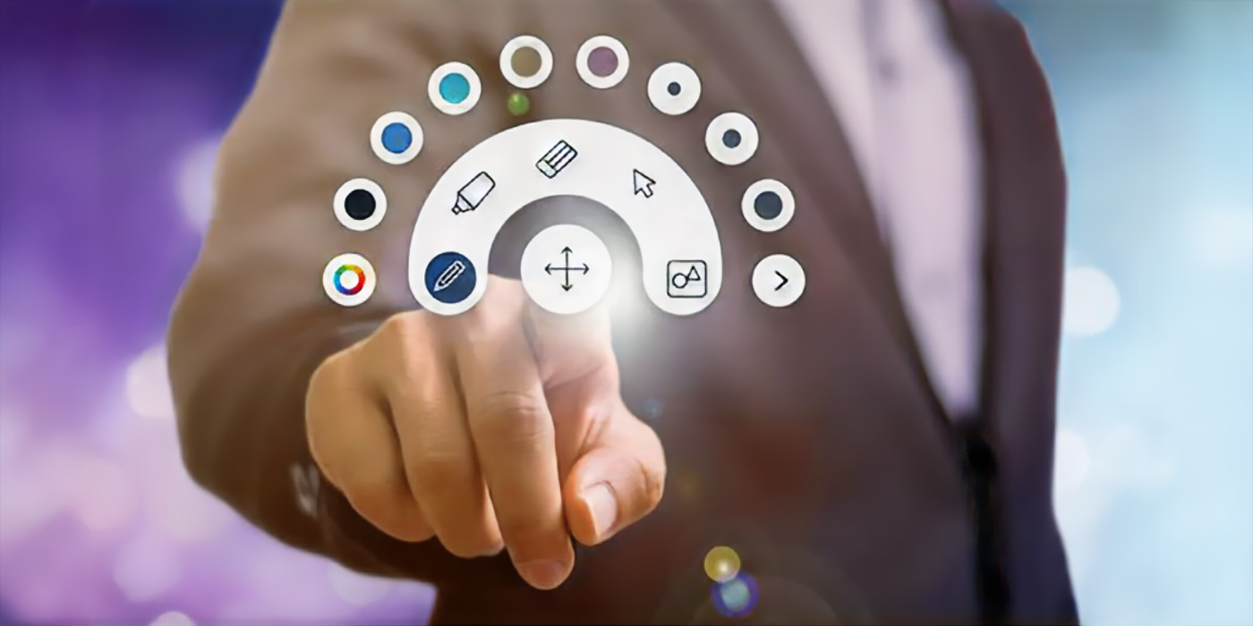 Business professional selecting digital interface icons representing Optoma's innovative technology solutions