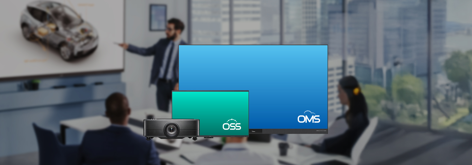 Business presentation setup with projector and OMS software solution displays in modern conference room