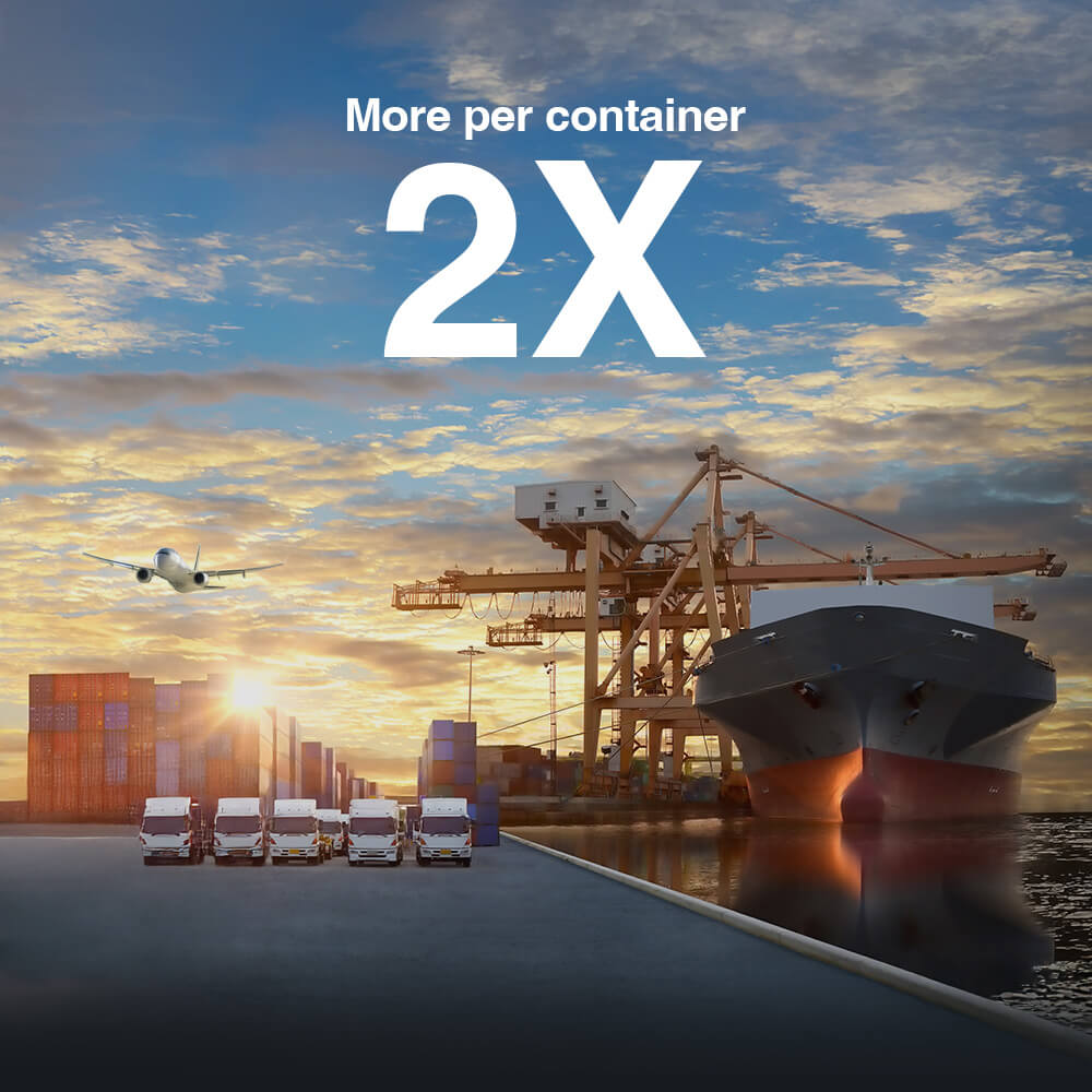 Container ship at port with cranes loading cargo demonstrating 2X more efficient logistics and compact shipping solutions for reduced environmental impact