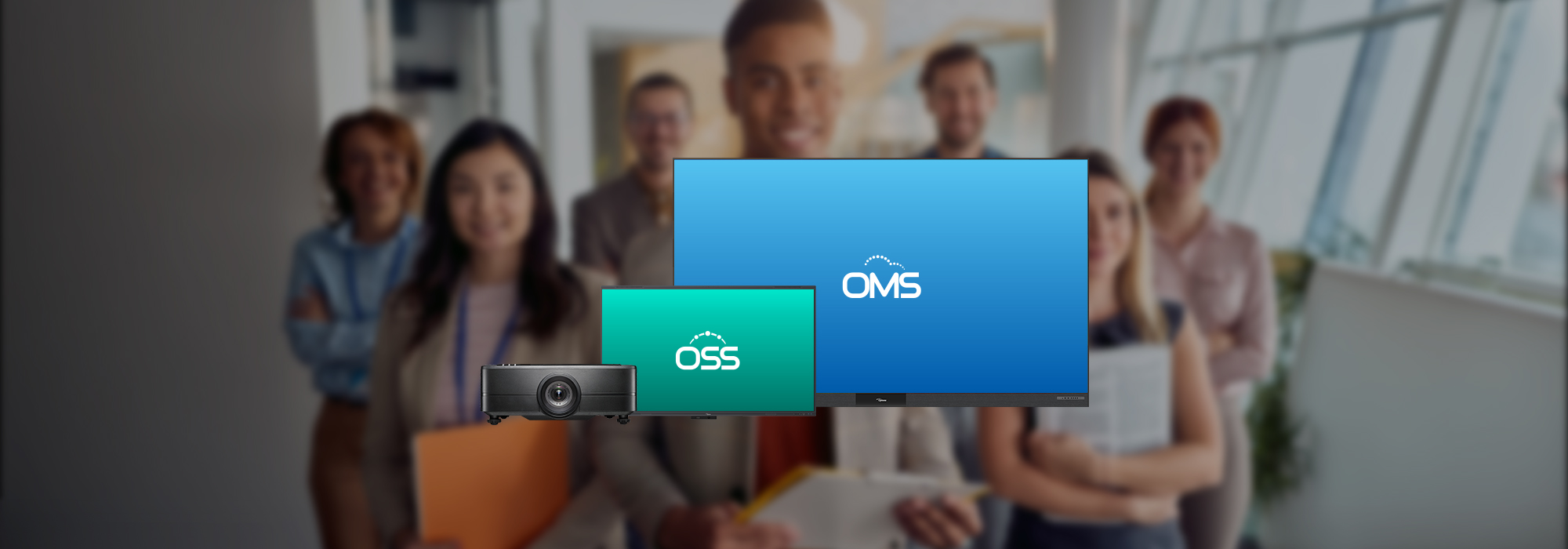 Business team standing in office background with OSS and OMS software solutions displayed on digital screens and projector – enterprise technology tools for organizational management and smart collaboration.