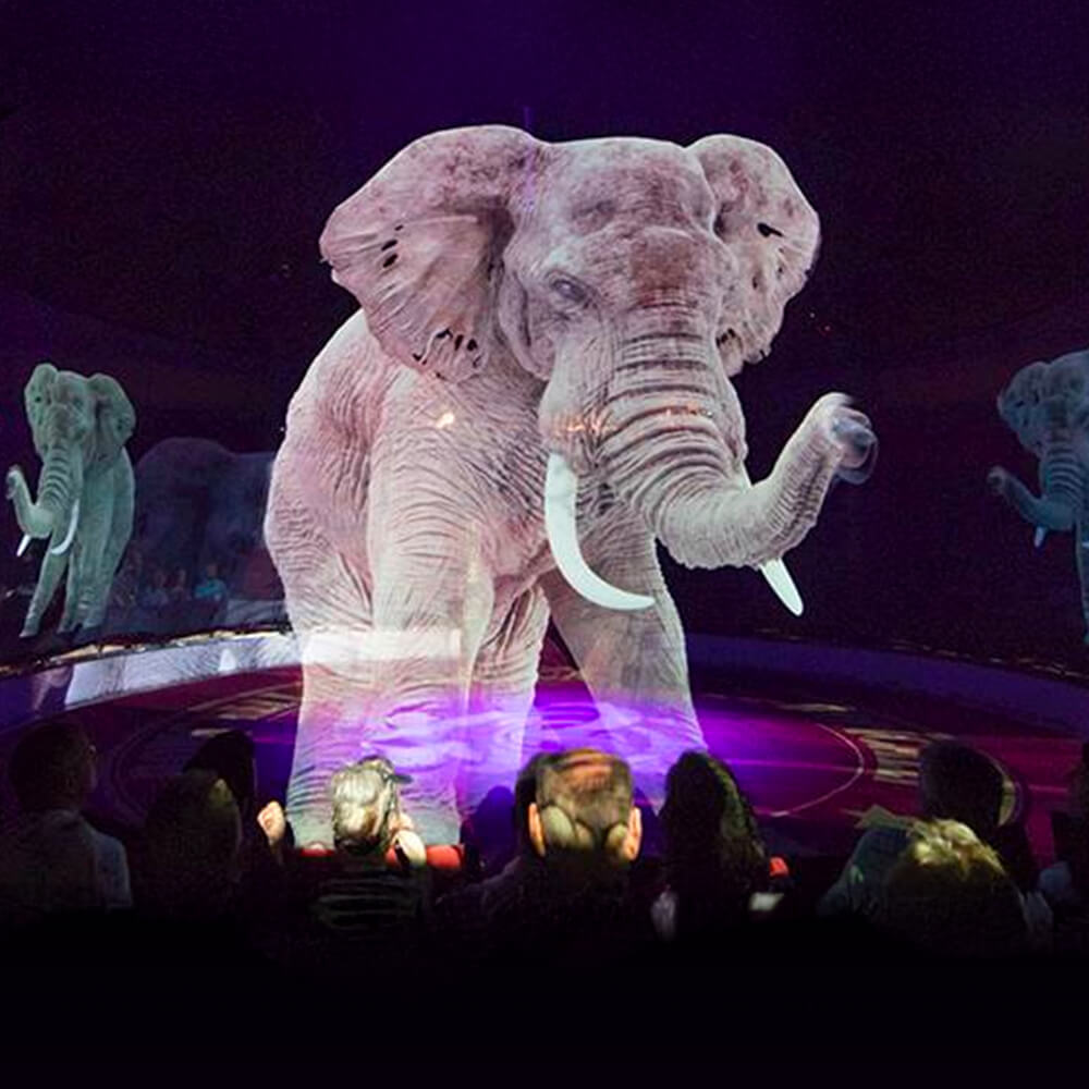 Audience watches a lifelike holographic elephant in a captivating hologram show inside a digital circus arena. This immersive experience uses cutting-edge augmented reality (AR) technology to replace live animals, offering an ethical and innovative alternative in modern entertainment.