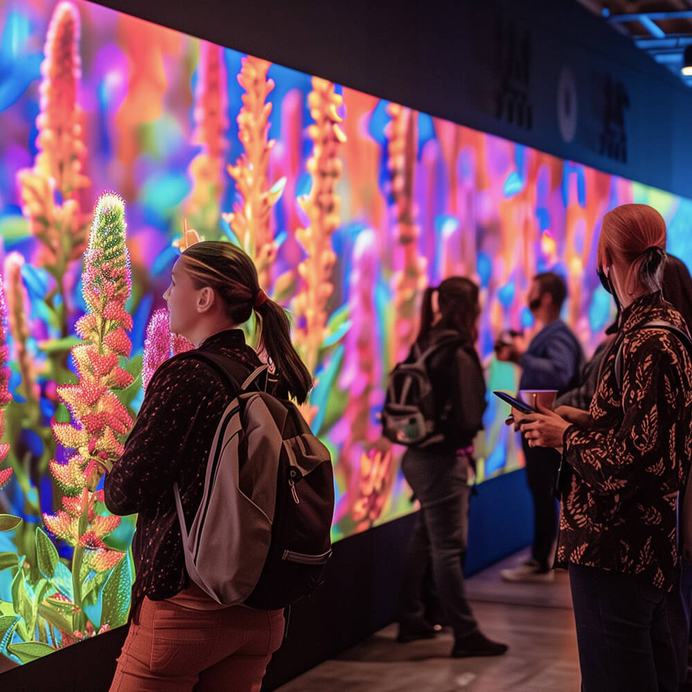 Visitors exploring immersive digital art exhibition with vibrant colorful botanical projections on large wall display in interactive museum gallery