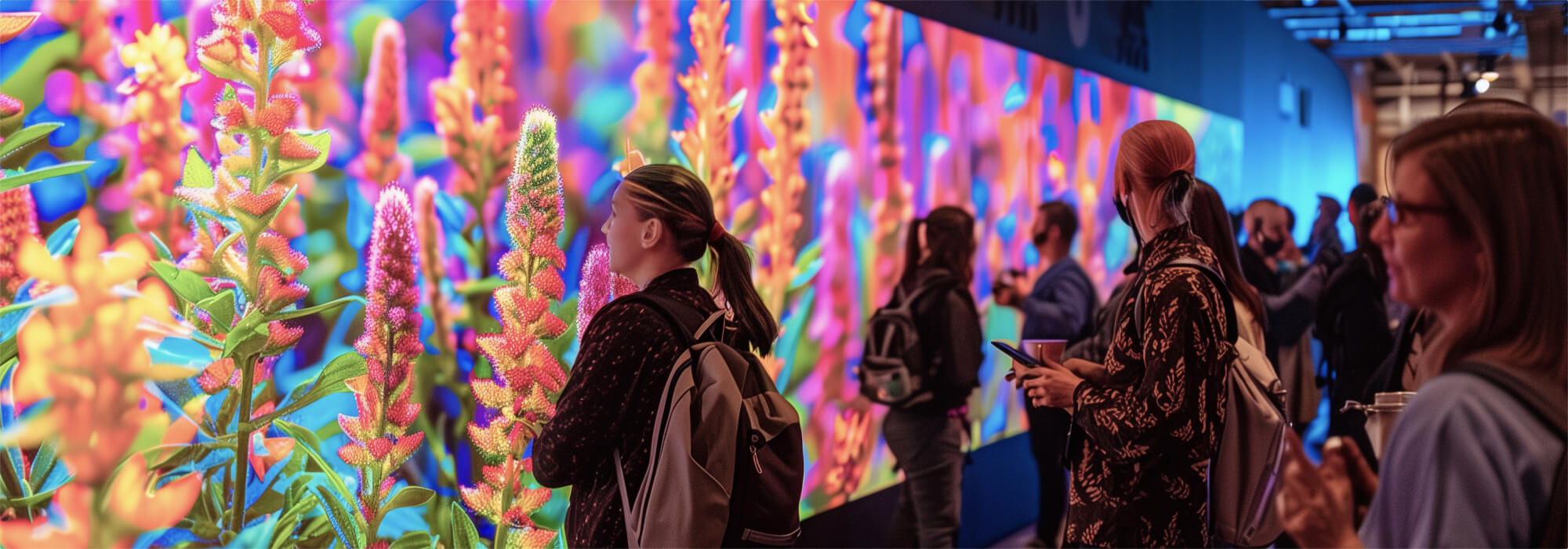 A large LED screen with images of colourful wheat. A young girl is in front of the screen with a rucksack on her back, her straight brown hair is in a pigtail.  There are other people around also looking at the large colourful screen. 