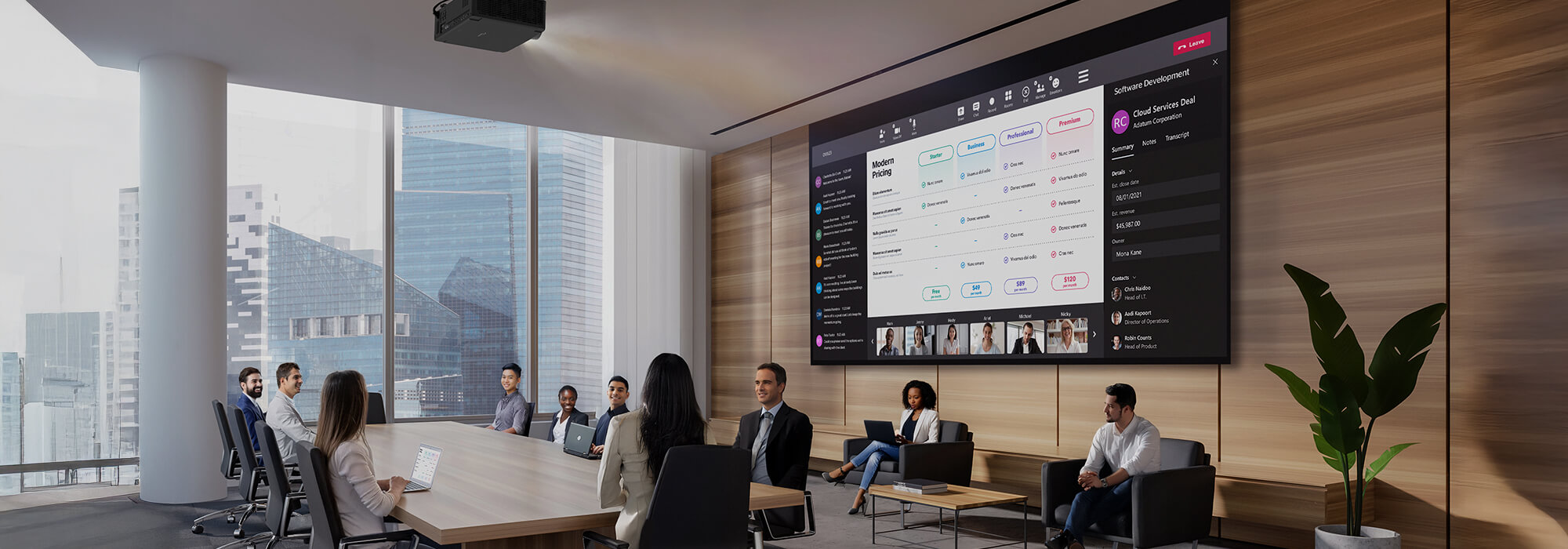 Corporate conference room presentation with digital collaboration software on large screen display, executive team meeting in luxury office with urban skyline views