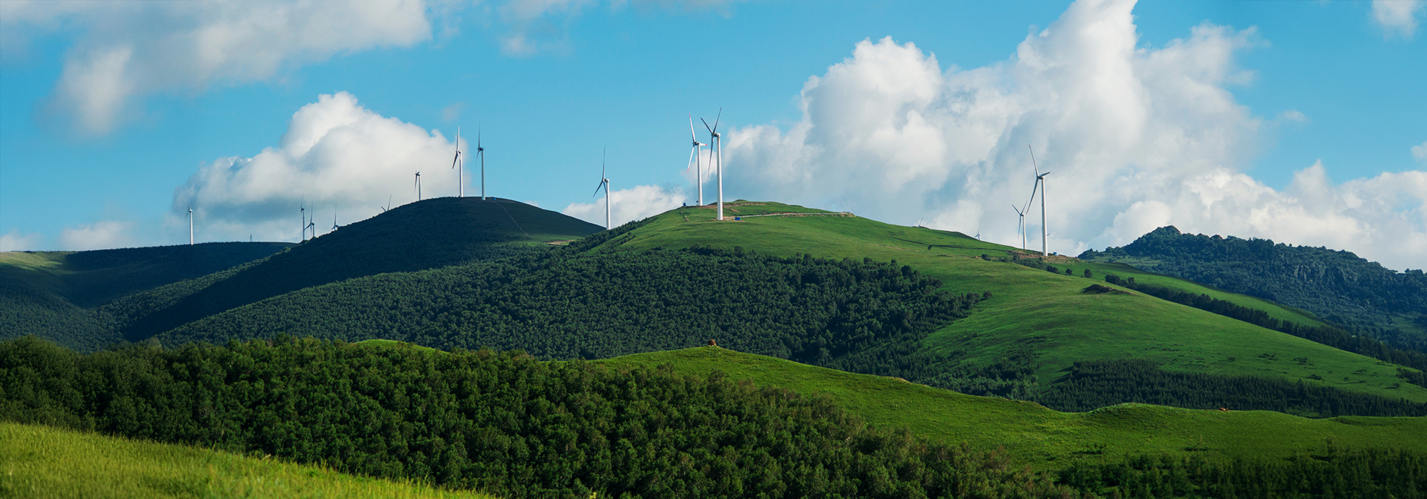 Wind turbines generating renewable energy on rolling green hills under blue sky with white clouds, showcasing sustainable power and clean energy technology