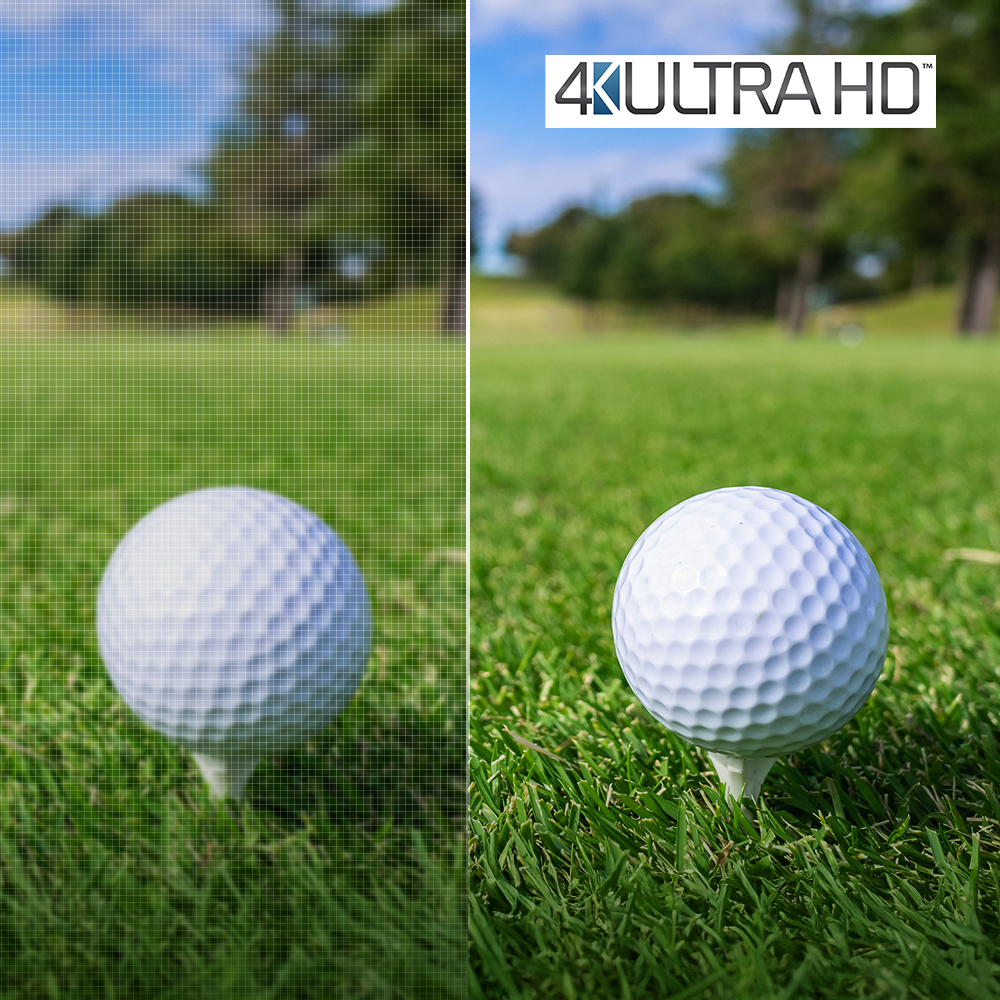 Close-up of golf ball and grass showing the sharp detail with 4K UHD resolution