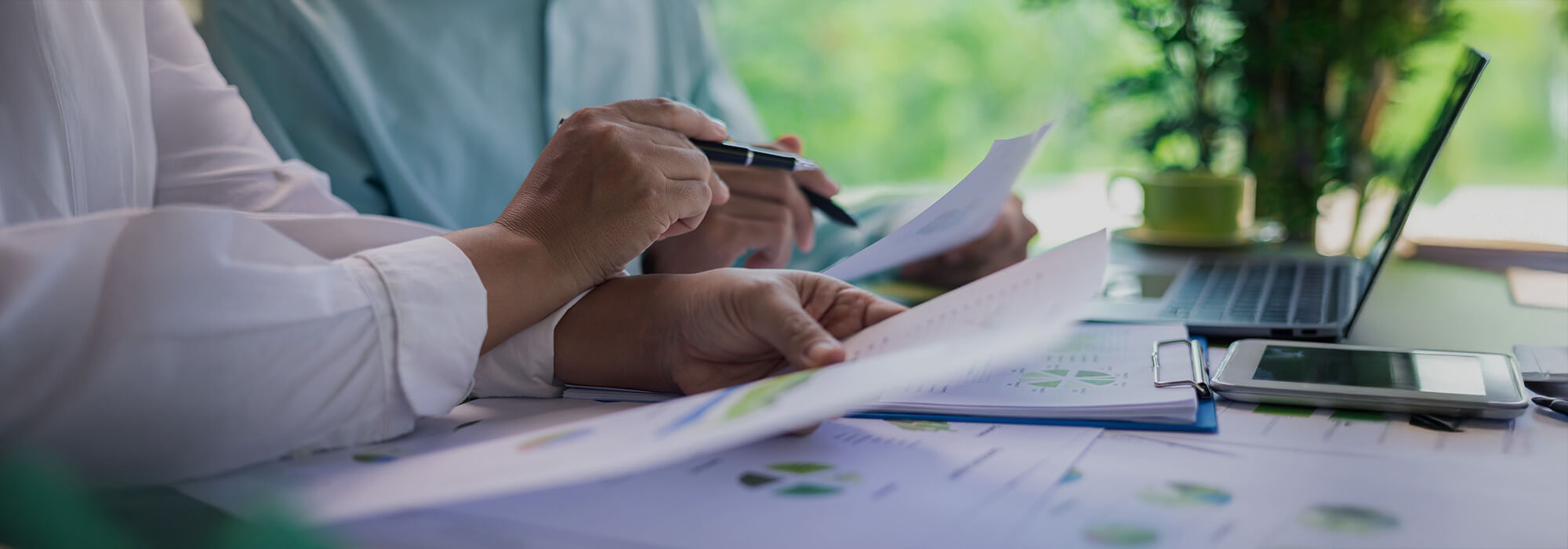 Close up of paperwork with stats and pie graphs, and close up of hands holding a pen each. There are indoor plants in the background.
