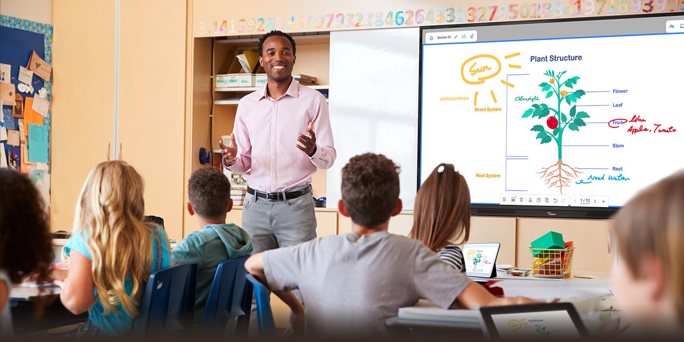 A primary school classroom with a teacher in front of a digital flat panel teaching a room of pupils. On the screen is an image of a tomato plant and a sun,  and explanations about the growth process. 