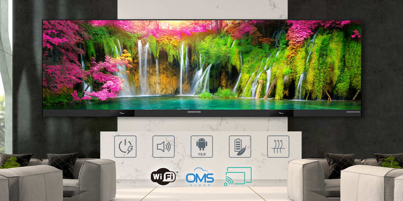 Optoma UWC296 COB dvLED display showcasing smart features like OMS Cloud, Display Share, Android system and more