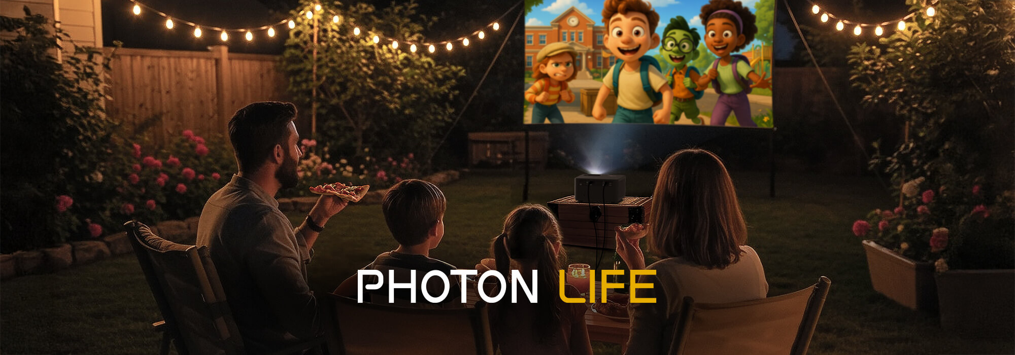 Backyard movie night with family watching cartoons using Optoma Photon Life 1080p FHD projector