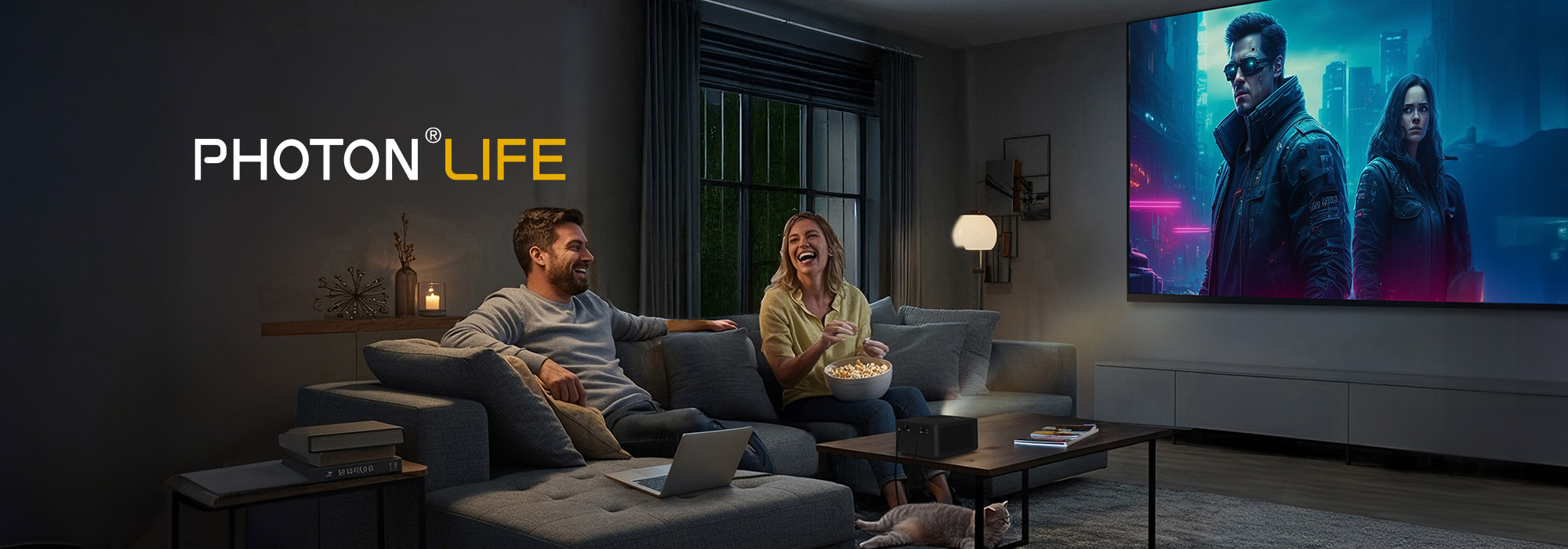 Compact True 4K UHD projector on coffee table in modern living room