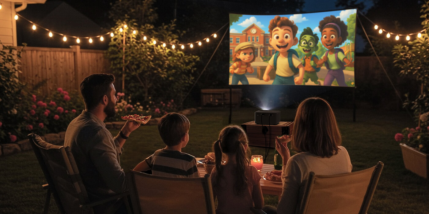 Backyard movie night with family watching cartoons using Optoma Photon Life 4K UHD projector