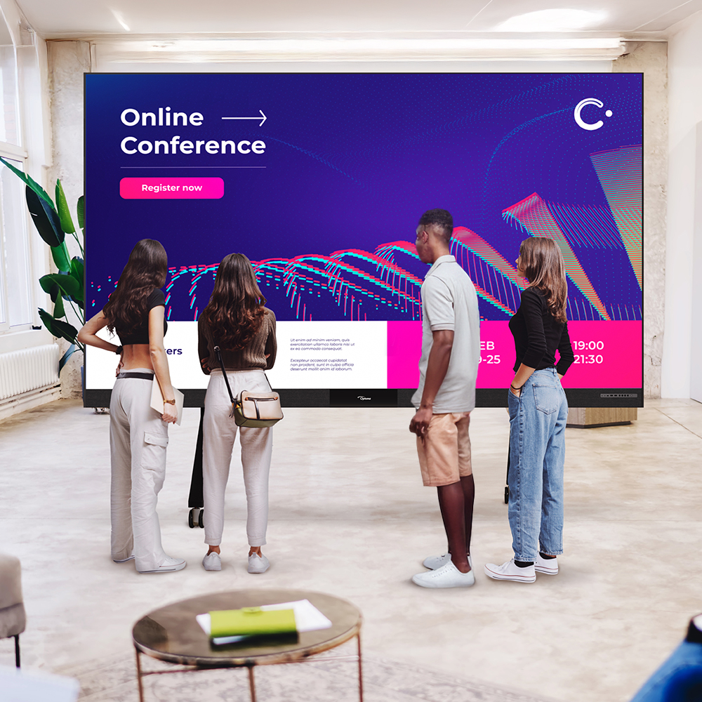 People viewing an Optoma LED display used as digital signage, showing exhibition information in a public space