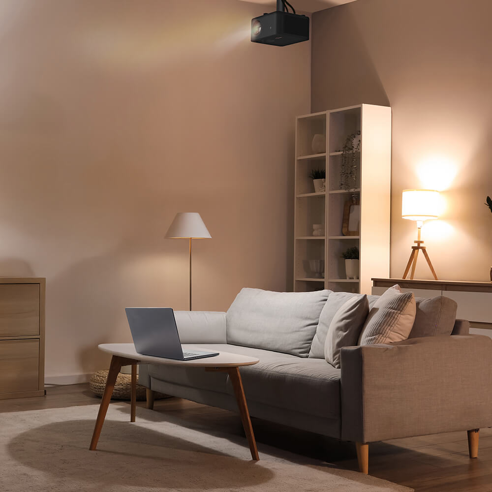 Optoma Photon Life 4K UHD projector securely installed on adjustable ceiling mount