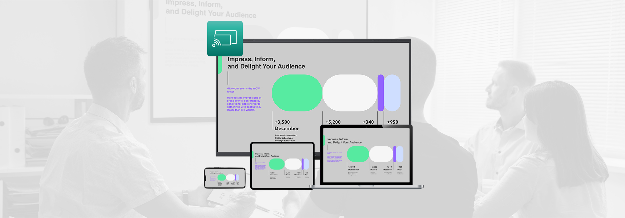 Representation 4 devices connecting to Optoma display share and broadcasting