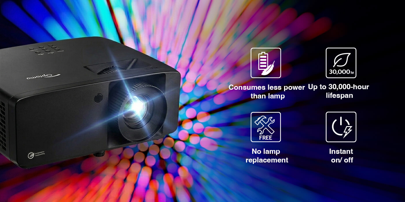 Optoma DuraCore Laser technology delivers consistent brightness, vivid colors, and up to 30,000 hours of lamp-free operation.