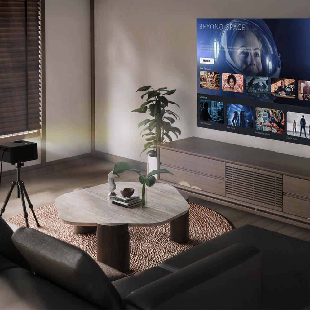 Optoma Photon Life 4K UHD projector mounted on tripod for flexible positioning