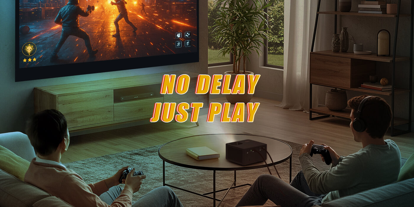 Two teenagers playing video game using ceiling-mounted Optoma Photon Life 4K UHD projector
