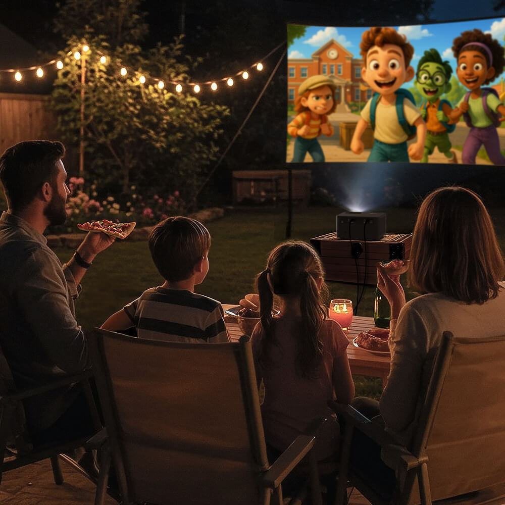 Backyard movie night with family watching cartoons using Optoma Photon Life 4K UHD projector