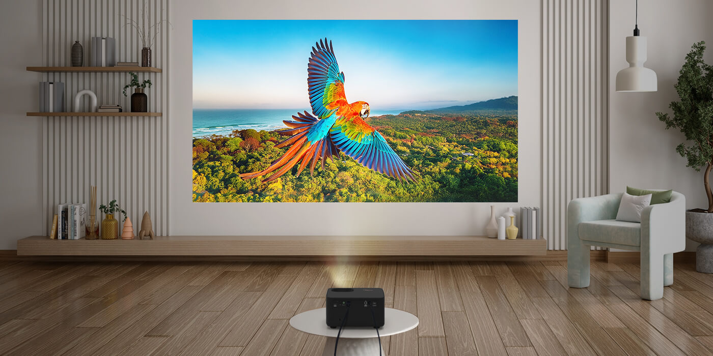 Optoma Photon Life 1080p FHD projector showcasing bright, colorful display at 1,500 lumens