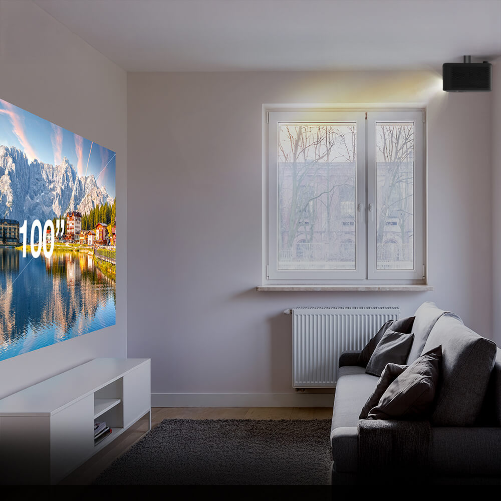 Optoma Photon Life 4K UHD projector displaying large 100-inch projection size in living room