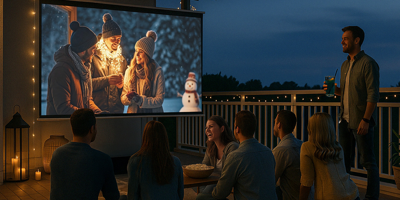 Backyard movie night with family watching cartoons using Optoma Photon Life 4K UHD projector