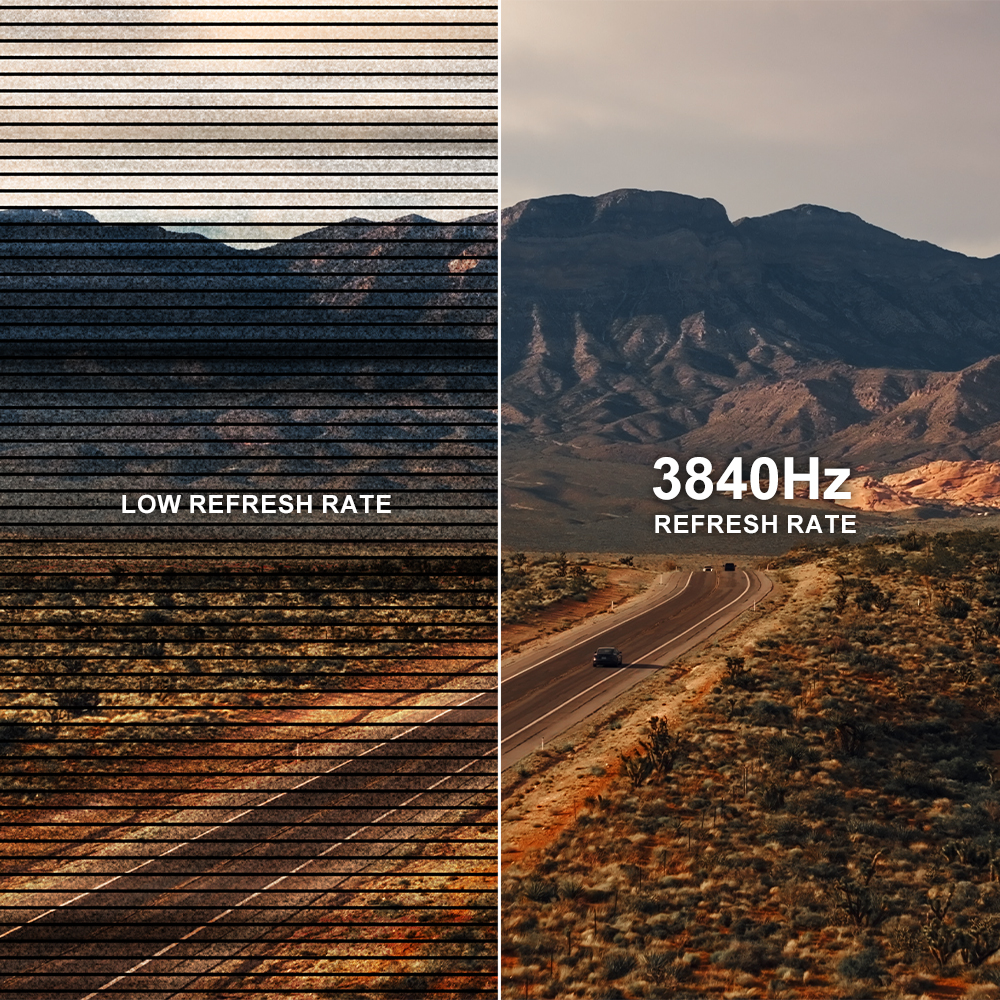 FHDC135 LED display showing ultra-smooth visuals with 3840Hz refresh rate compared to lower refresh rates