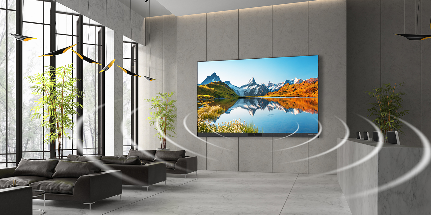 Lobby installation of Optoma LED display with visual sound waves symbolizing immersive 120W audio