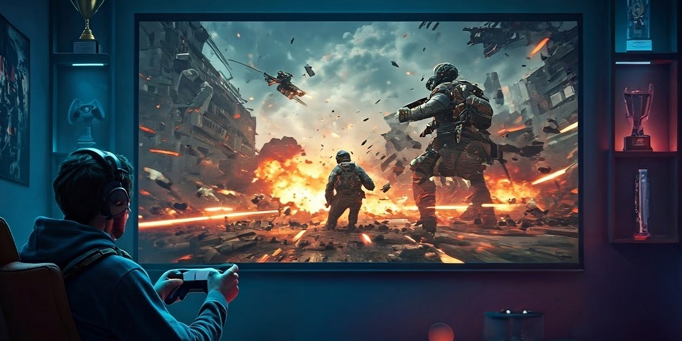  teenagers playing video game using ceiling-mounted Optoma Photon Life 4K UHD projector