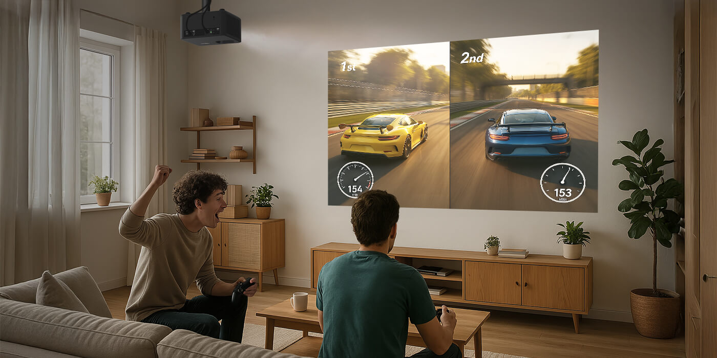 Two teenagers playing video game using ceiling-mounted Optoma Photon Life 4K UHD projector